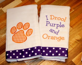 I Drool Purple and Orange Applique Baby Gift - Tiger Paw Burp Cloth - Tiger Paw Baby Gift - Tiger Baby Shower Gift - Clemson Baby Game Day