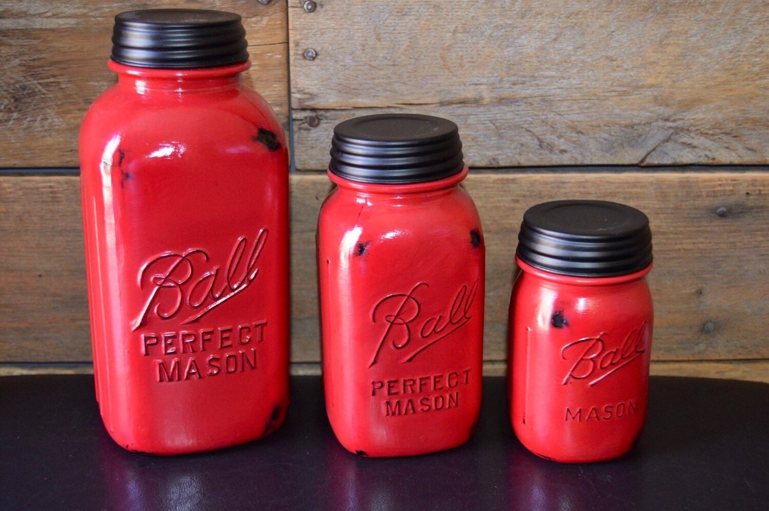 Red Kitchen Canister Set Painted mason jar by PurpleHeartPallet