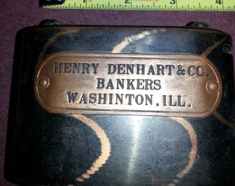 Antique coin money metal bank lock box Henry Denhart & Co.
