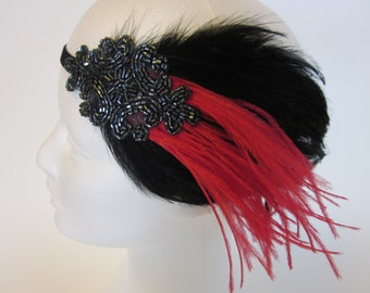 GREAT GATSBY Hair accessories Red feathers Black Party Art Deco headpiece Ostrich Gray Fascinator Charleston Dress Valentine's Day
