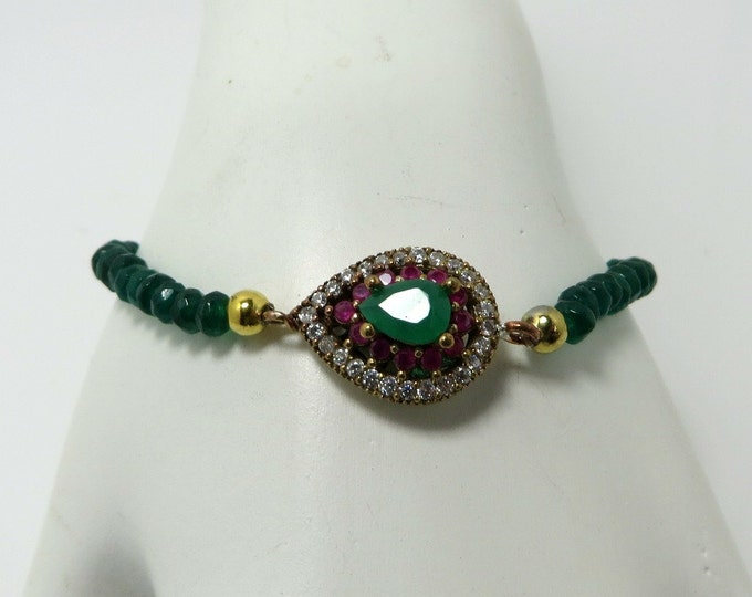 Emerald and Ruby Bracelet, Vintage Sterling Silver Beaded Stretch Bracelet