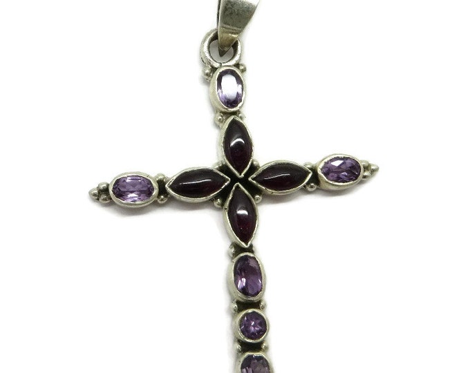 ON SALE! Vintage Amethyst and Garnet Sterling Silver Cross Pendant Necklace