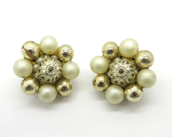 Faux Pearl Japan Earrings, Vintage Goldtone Bead Earrings, Cluster Clip-on Earrings
