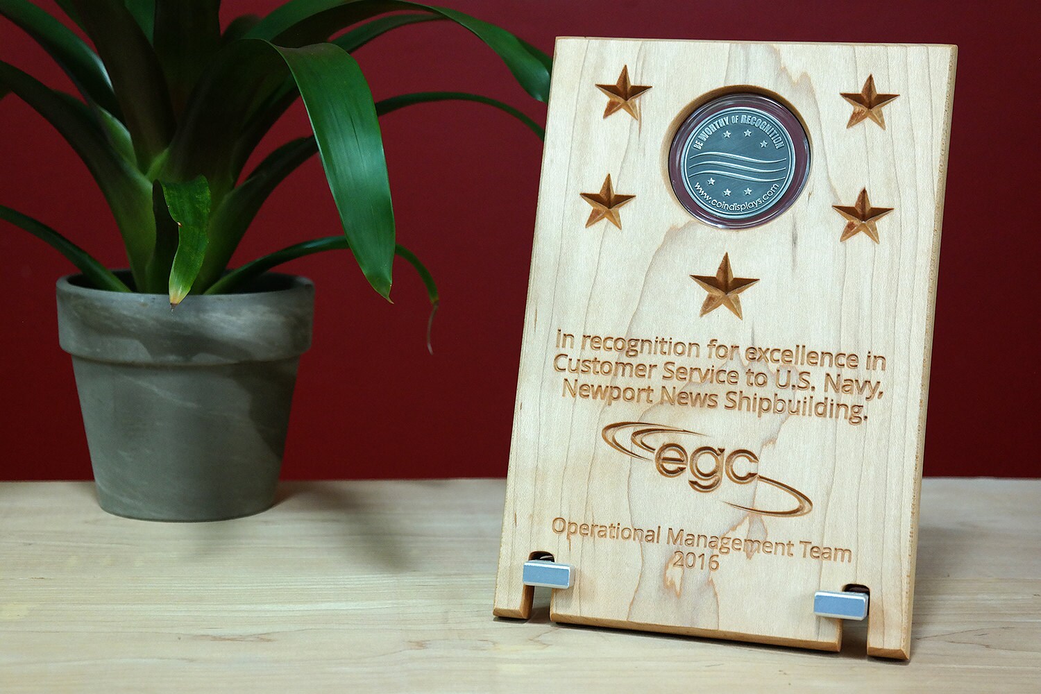 Engraved Corporate Challenge Coin Display with Company Logo
