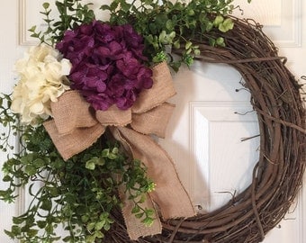 HYDRANGEAS WREATH, Burlap Wreath, Spring Wreath, Summer Wreath,Grapevine Wreath, Wreath,Hydrangea Wreath,Front Door Wreath,Boxwood Wreath