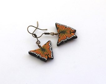 Monarch Butterfly Earrings, Polymer Clay Jewelry, Handmade Beads, Brass Ear Wires