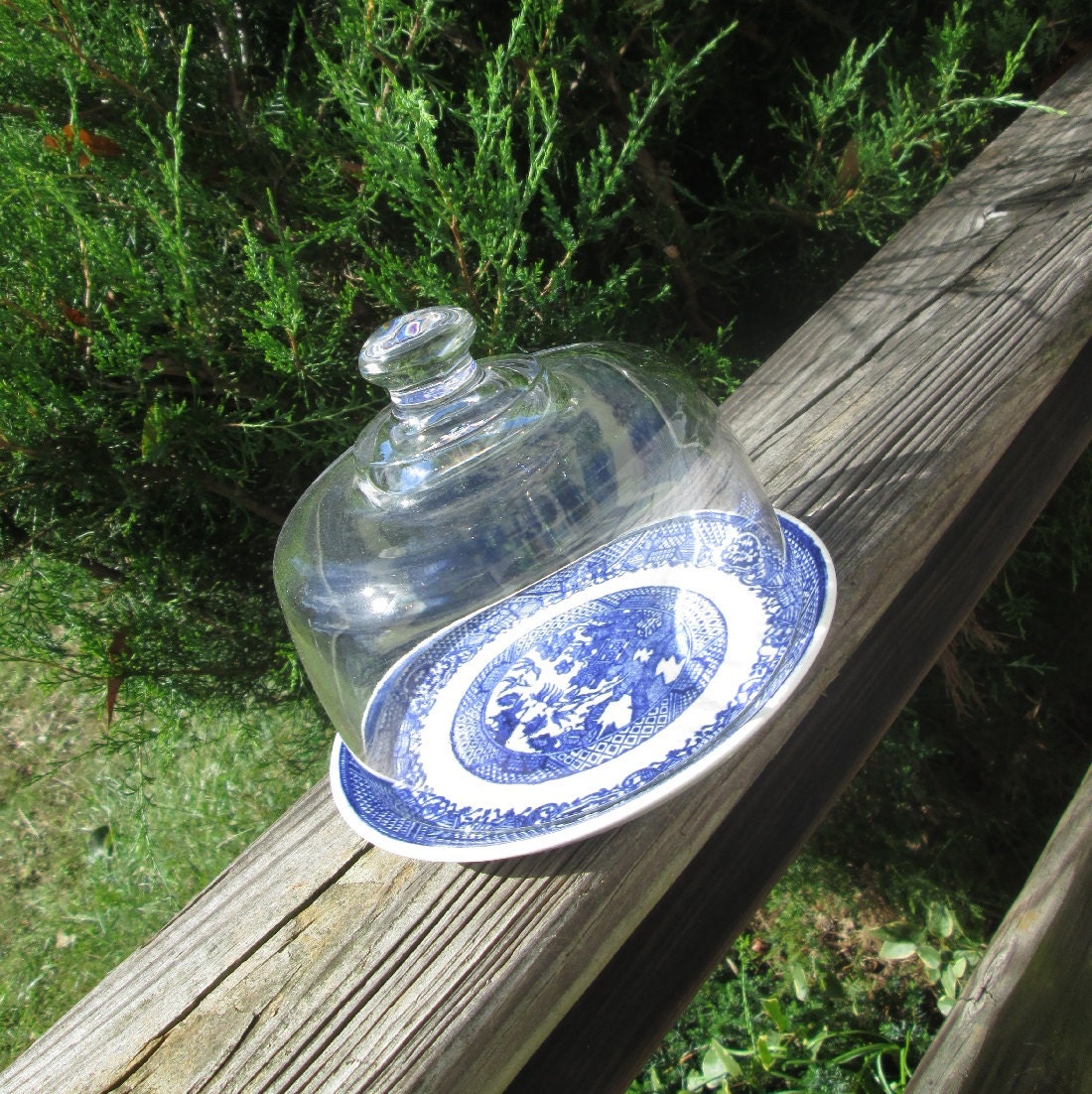 Blue Willow Plate and Glass Cheese Dome Set Vintage Glass Cloche and