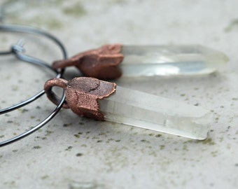 Crystal Earrings Hoop Earrings Rustic Stone Mixed Metal Electroformed Copper Earrings Oxidized Sterling Silver