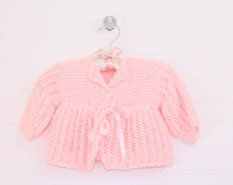 Vintage baby sweater, pink knit with 2 pearly buttons and satin ribbon tie, includes hat! size about 0-3 months