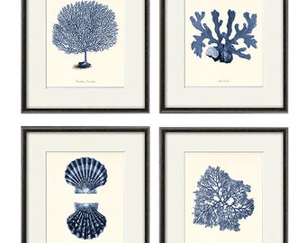Sea coral art print Nautical art print set of 4 antique wall art Victorian art Ocean art print beach art Home decor wall art Sea art print