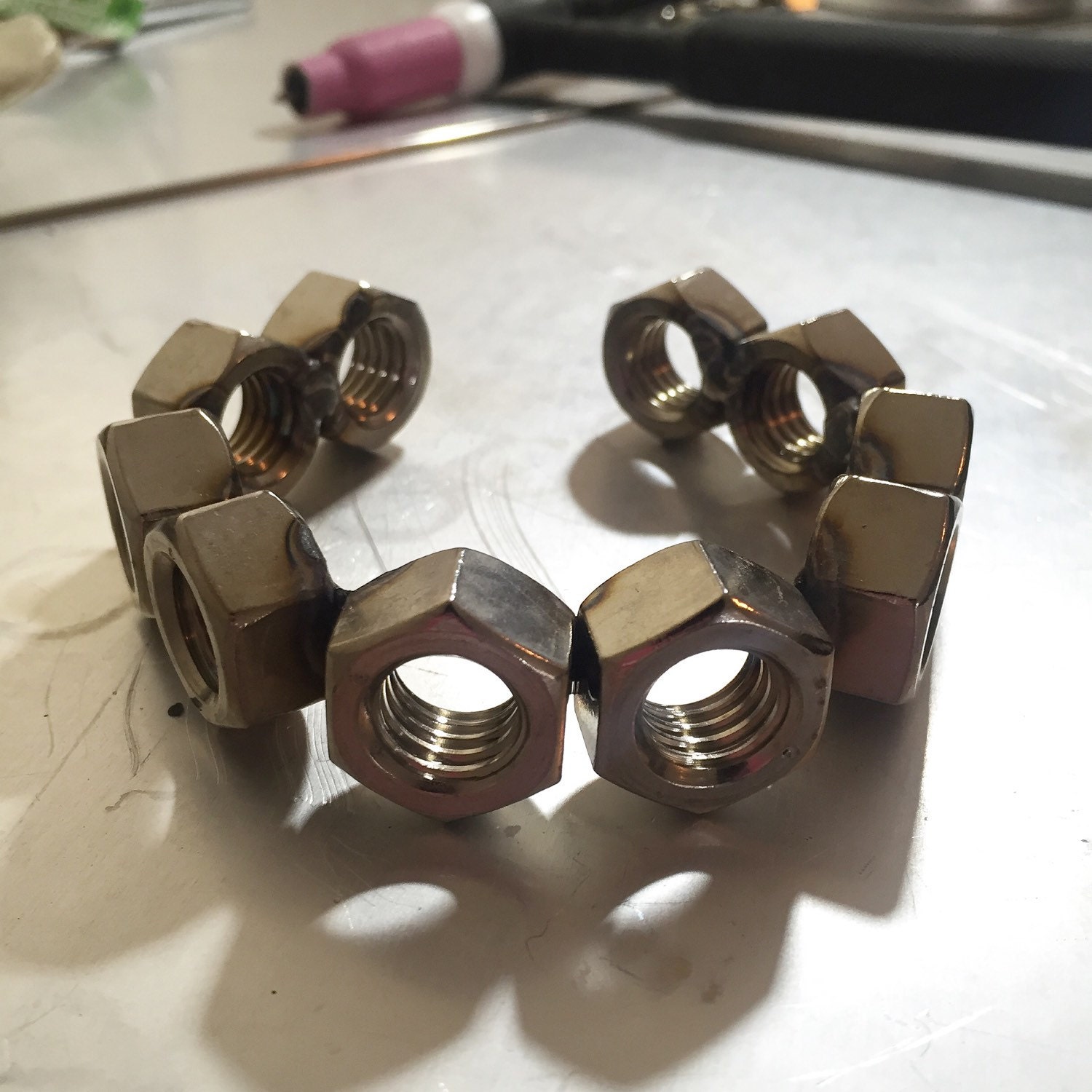 Welded Stainless Steel Hex Nut Cuff Bracelet by CoraliaSuicide