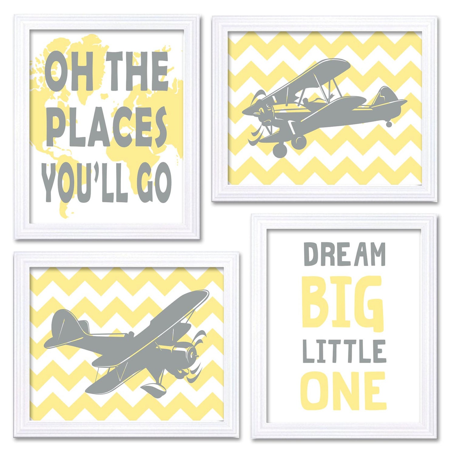 Airplane Nursery Art Yellow Grey Print Set of 4 Transportation Dream Big Little One Oh The Places Yo