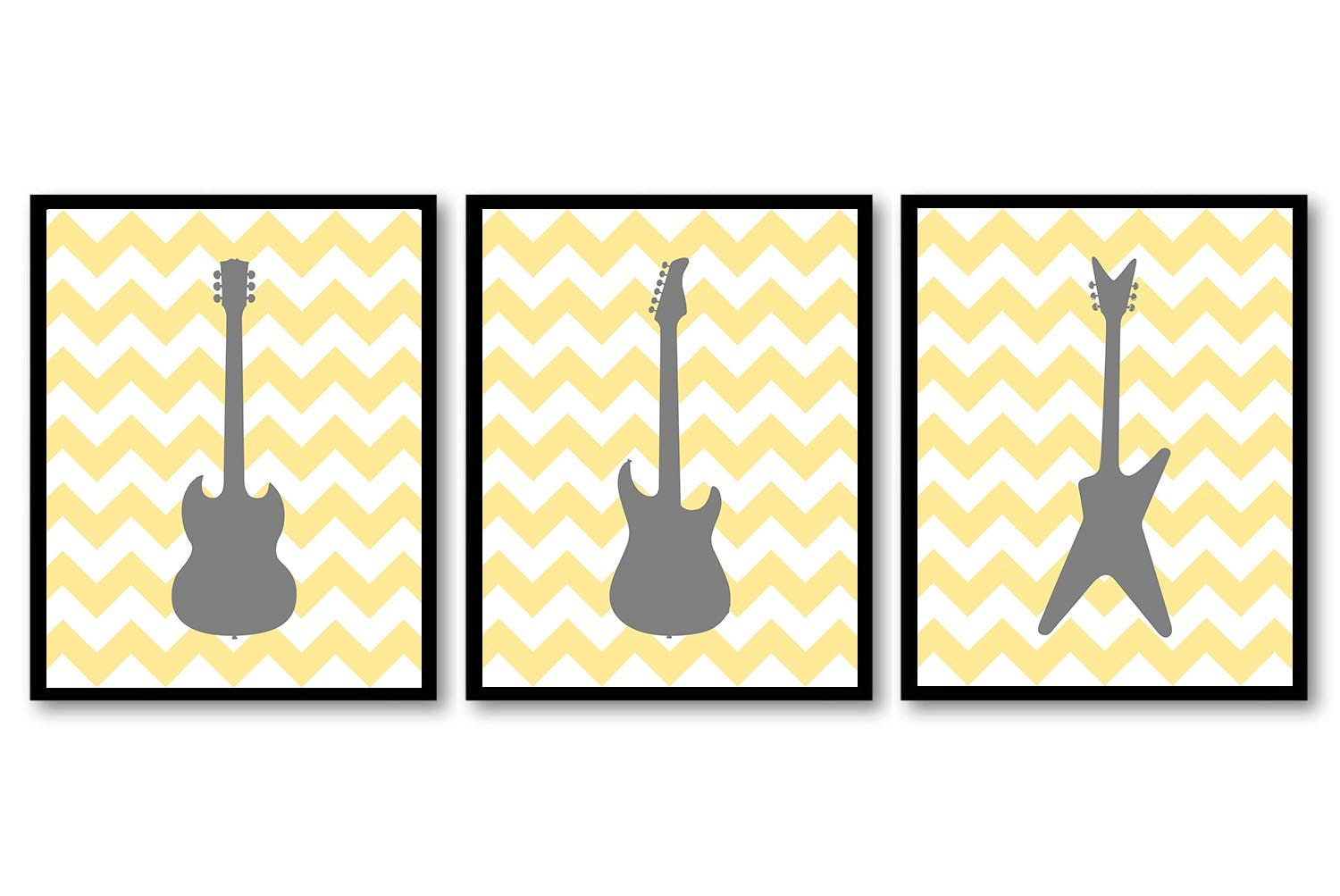 Electric Guitar Nursery Art Nursery Prints Set of 3 Prints Grey Gray Yellow Chevron Boys Art Nursery