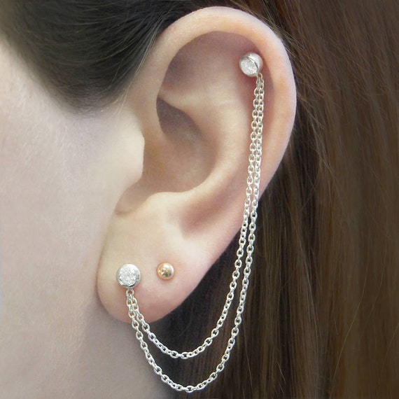 Silver Ear Cuff Chain Earrings Double Stud Earrings