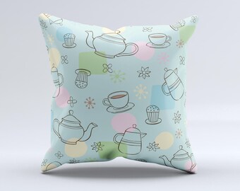 The Subtle Blue With Coffee Icon Sketches ink-Fuzed Decorative Throw Pillow