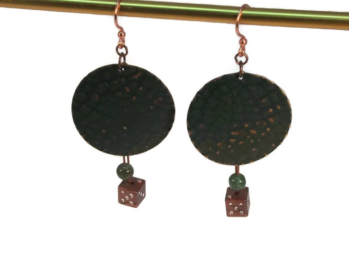 Hand Painted Green Dragon Scales & Dice Shoulder Duster Earrings Nickle Free Ear Wires Hypo Allergenic OOAK One of a kind
