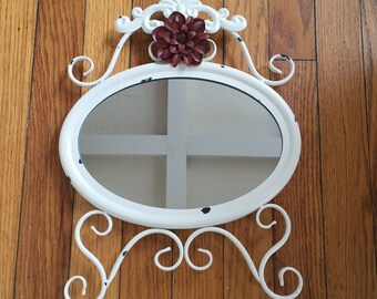 Oval wall mirror cream with marron flower, ornate shabby chic