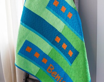 Baby Boy Quilt, Modern Baby Quilt Handmade, Blue and Green Personalized Infant Gift, Geometric Baby Blanket, Nursery Art, Newborn Bedding