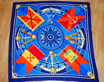 Hermes silk handkerchief Authentic square scarf french designer silk scarf vintage head scarf Hermes Scarf Flag blue red silk handkerchief