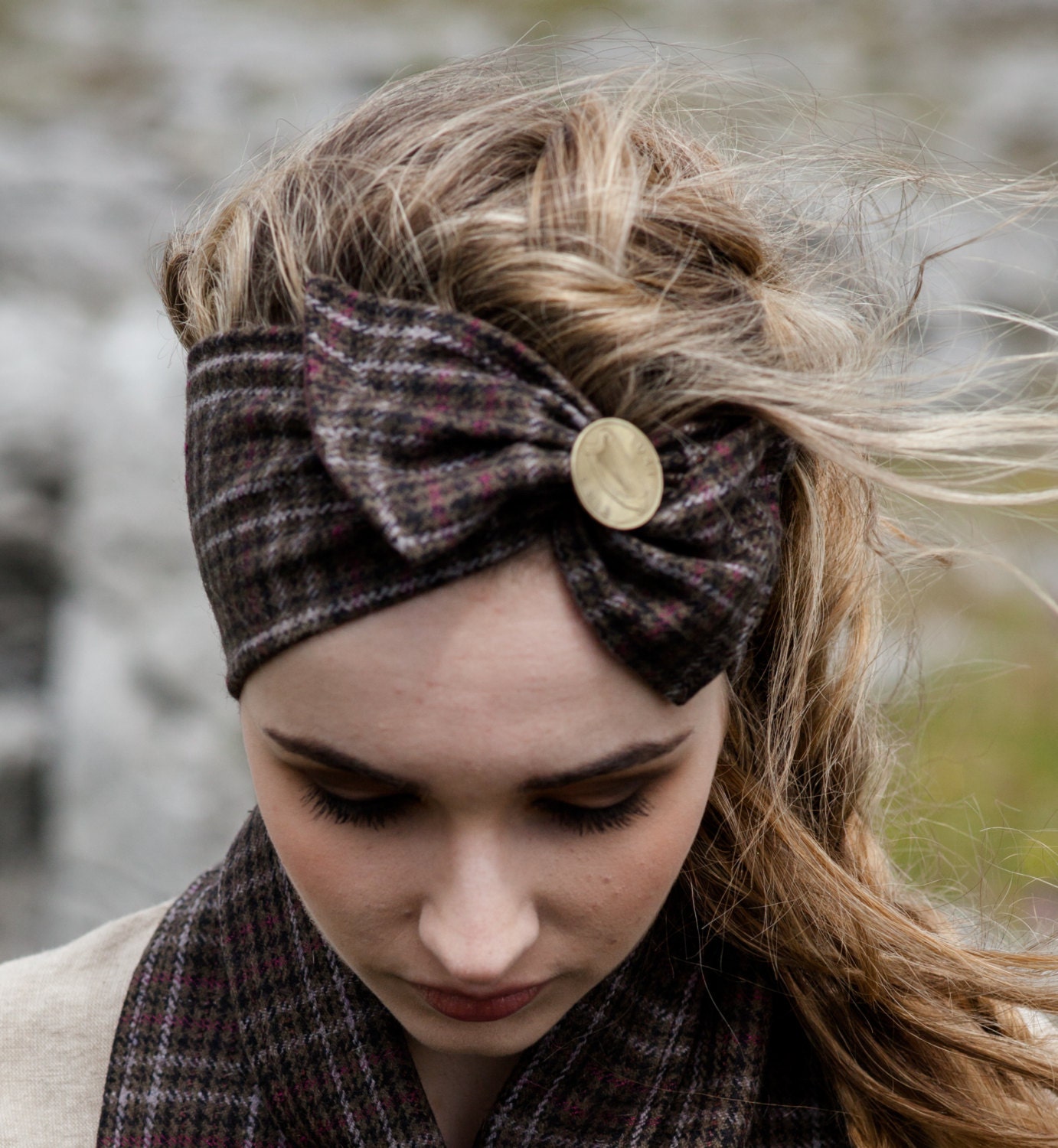Headband Tweed Pink and Green Headband Irish coin