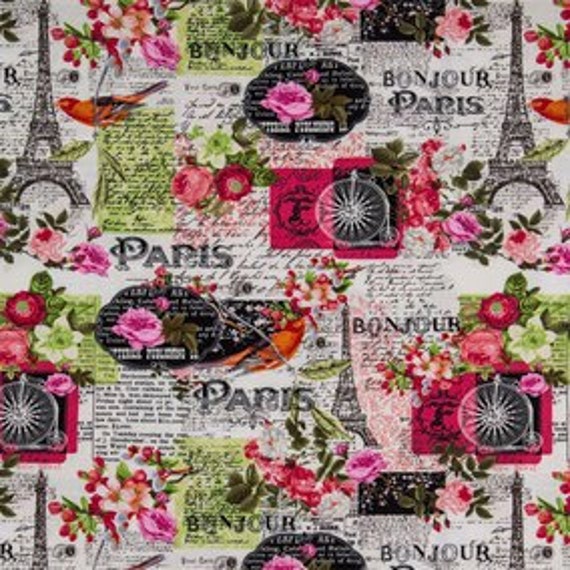 Bonjour Paris Eiffel Tower Fabric BTY 100% by BellasCreativeHome