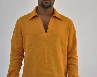 Mens Beach Wedding Shirt V Neck with Collar, Long sleeves, Plus Size