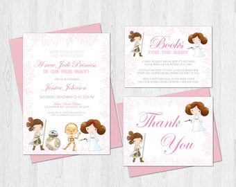 Star Wars Baby Shower Invitation Set Jedi Princess Thank You Card and Book Request Card Princess Leia and Rey Digital or Prints