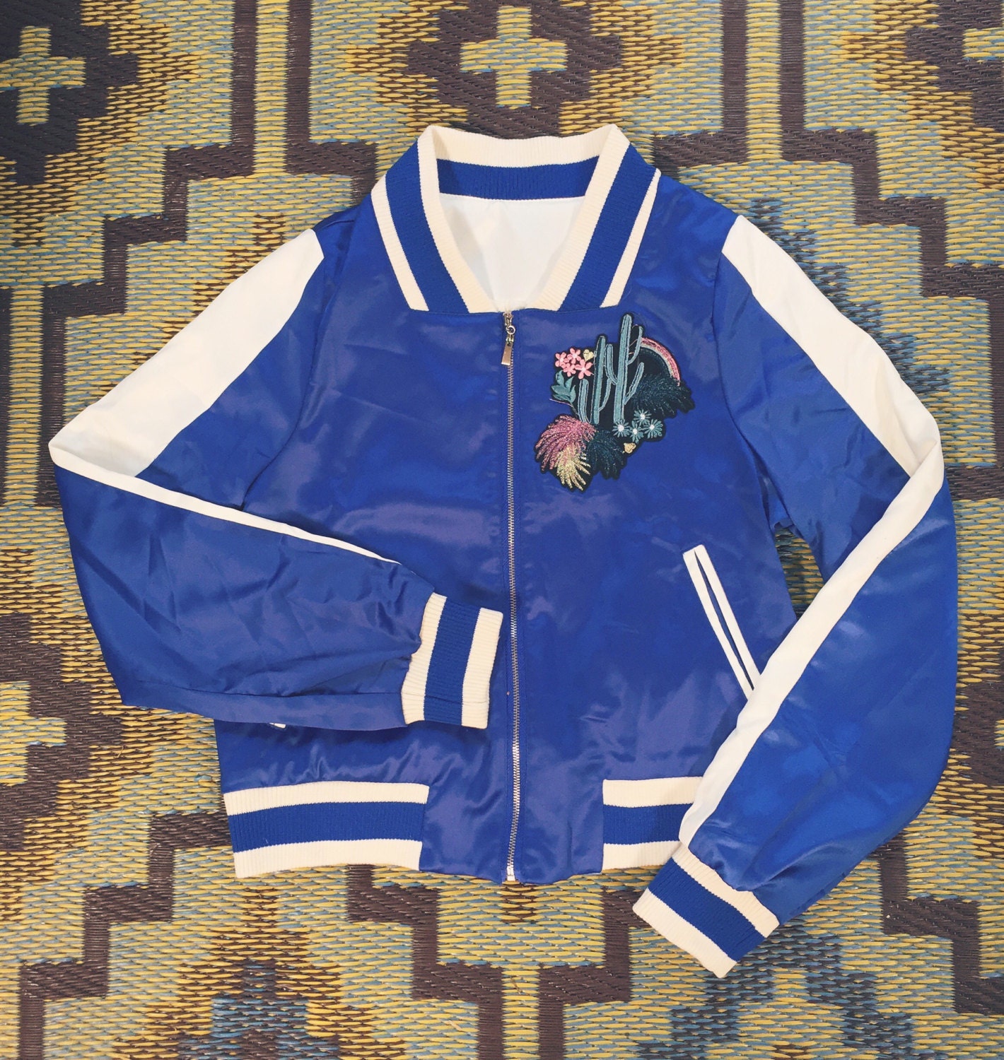 Desert cactus bomber Jacket with Cactus Rainbow Patch blue