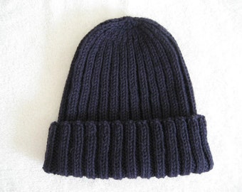 Navy blue hat, wool toque, watch cap, ribbed knit, hand knit, navy hat, sailors hat, workmans cap, blue knit hat, knit toque, workmans hat,
