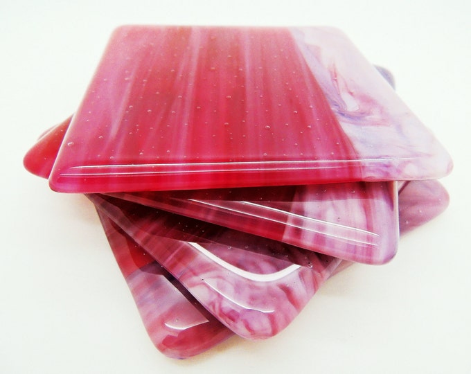 Pink fused glass coaster set. Handcrafted tiles. Tableware. Coffee table. Living dining room accessories. Wedding housewarming gift ideas