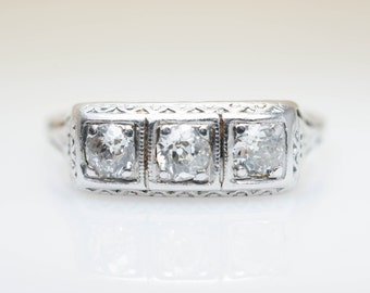 Late Edwardian Engagement Ring Handmade Vintage Engagement 3 Stone Diamond Band Unique Delicate Wedding Ring Intricate Ring Filigree Band