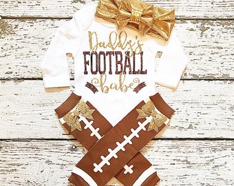 Baby girl clothes (shirt/bodysuit only/accessories separate) brown and gold baby girl clothing Football babe newborn gift baby shower