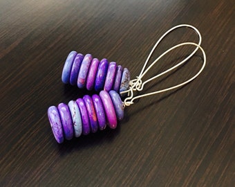 PURPLE TURQUOISE Earrings HEISHI Stack - Long Purple Earrings - Purple Gemstone Earrings - Silver Kidney Hoop Dangle Earrings