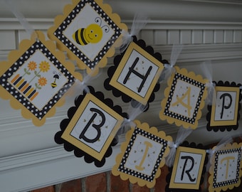 Bumble Bee Birthday Banner - Bee Party - Bumble Bee Party Banner - Honey Colored - Party Packs Available