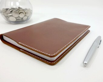 Leather Notebook Cover, A5 Clairefontaine Refillable Cover, Slim Design, 5.8 x 8.3 inches, Medium Brown Leather, White Stitching