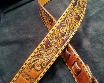 Leather GUITAR STRAP "Vintage Style"- Custom Designed with you! Buckstitching -OneOfaKind Carved, Painted and/or Branded-clbLeatherDesign