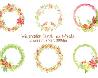 Watercolor Christmas Wreaths for instant download, watercolor clipart, wreath printable, wall art, Christmas Decor