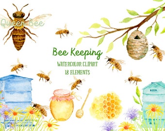 Bee Keeping Clip Art, Watercolor Bee Keeping for instant download for scrapbook watercolor cards invitation, honey bee, beehive