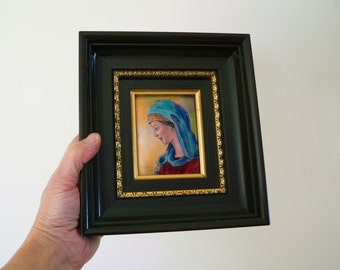 Beautiful vintage French Limoges enamel on copper picture of La Vierge (Madonna) by Andre Bureau - Tableau emaillé émaux signé de limoges