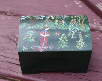 Pretty Hand Painted Black Wood Asian Box