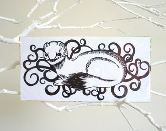 Linocut "Ermine" to frame, ermine, black and white