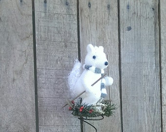 Christmas Tree Topper Bed Spring White Squirrel On Skis Holiday Decor Rustic