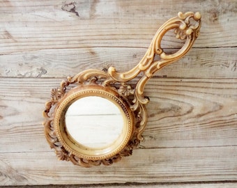 Vintage Brown Hand Mirror, Plastic Mirror, Old Hand Mirror, Purse Mirror, bilaterally Mirror