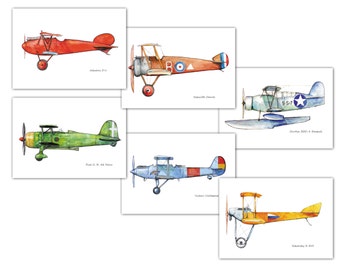 Airplane decor nursery Vintage airplane prints watercolor Set 6 prints Retro military aircraft poster Boy's nursery wall art