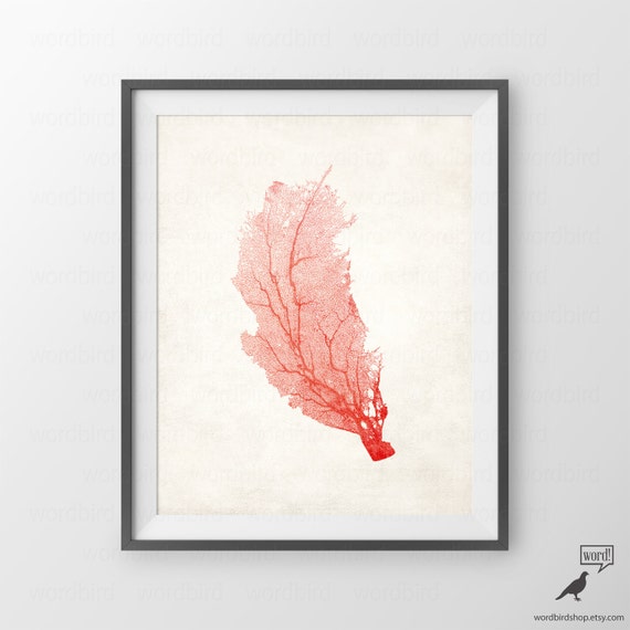 Gold & Coral Sea Fan Print Cottage Decor Beach Wall Art Coral