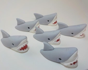 Edible Shark Out of Water Fondant Cupcake Toppers Qty 6 Gray Great White 1st Birthday Boy