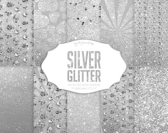 Silver Glitter Digital Paper: "Silver & Glitter" digital set it contains shining glitter textures with diamonds in silver tones