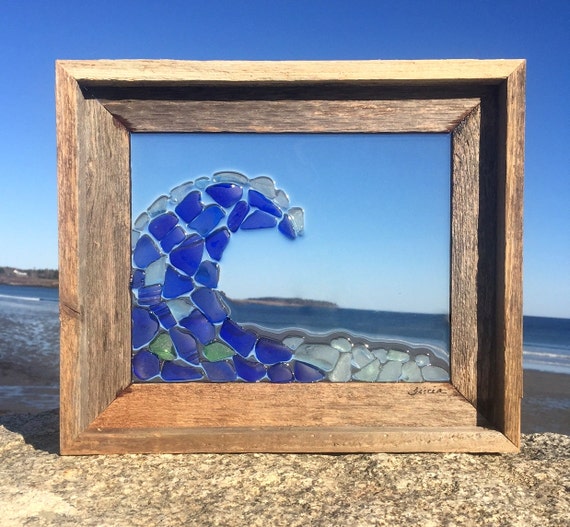 Sea Glass Window Art Ocean Wave with Seagull