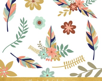 Boho Clipart Set - Feathers & Flowers - INSTANT DOWNLOAD - 20 .PNG Files
