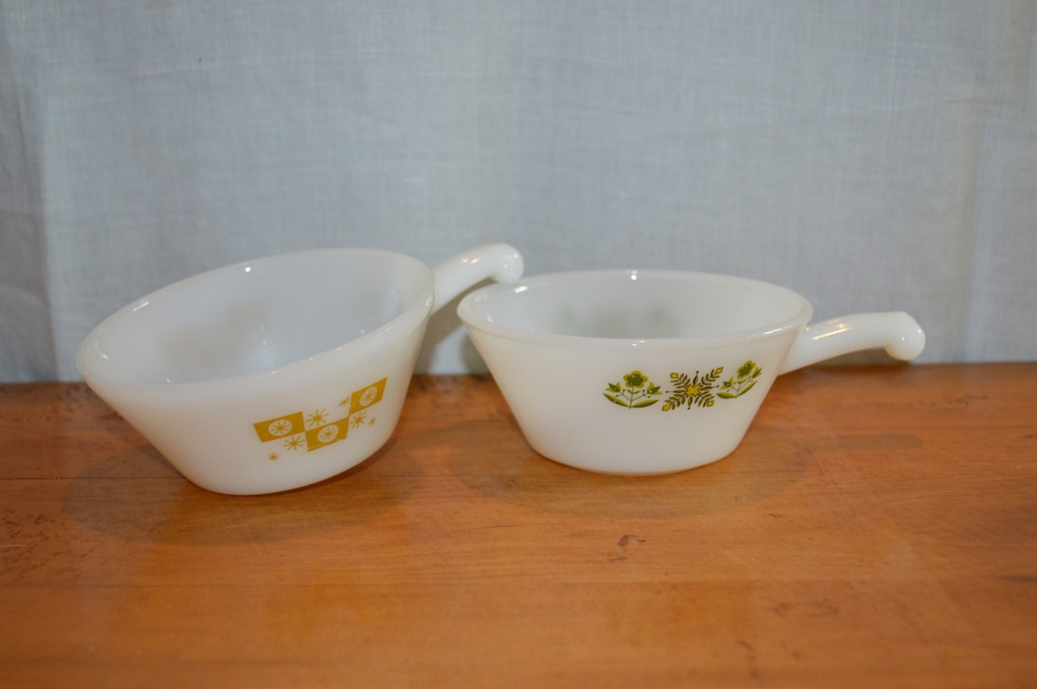 Vintage SOUP Bowls. Set of Two. Side handles. FIRE KING Green